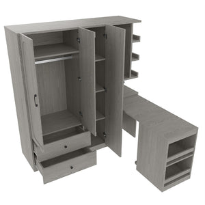 English Elm Multifunctional Wardrobe Cabinet with Fold Out Desk Hanging Rod and Storage Drawers Gray W1580S00476