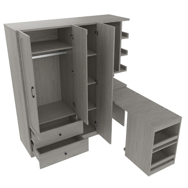 English Elm Multifunctional Wardrobe Cabinet with Fold Out Desk Hanging Rod and Storage Drawers Gray W1580S00476