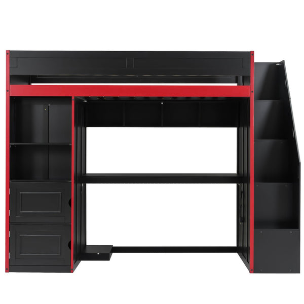English Elm Gaming Twin Loft Bed with Led Desk Storage Locker and Bold Black Red Finish N709P004102J