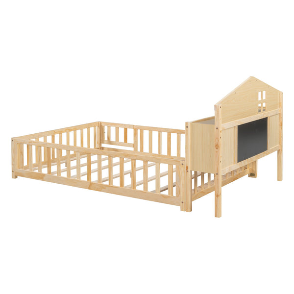 English Elm Full-size Montessori Floor Bed with Built-In Bookcase and Chalkboard, Space-Saving Solid Wood Platform for Kids Natural 56.3 L x 17.32 W x 5.31 H W1716S00014