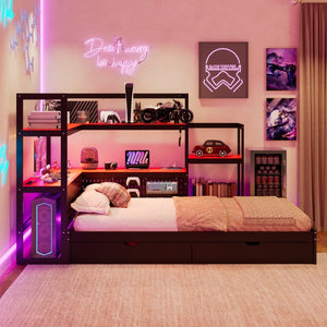 English Elm Twin Gaming Daybed with Led Strips Desk Pegboard Bookcase and Three Storage Drawers Black+Red N820S00083J