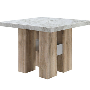 English Elm MIKHA Natural Bar Table with Faux Marble Top, Solid Rubberwood Pedestal Base & Silver Connector Finish B201S00351