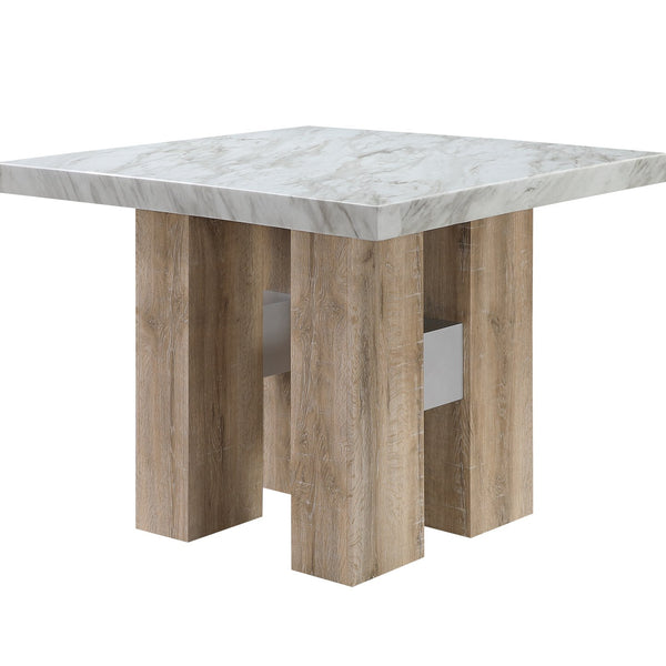 English Elm MIKHA Natural Bar Table with Faux Marble Top, Solid Rubberwood Pedestal Base & Silver Connector Finish B201S00351
