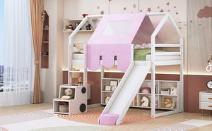 English Elm Twin House Loft Bed with Tent Canopy Slide and Shelves Pinewood Kids Frame White LT000682AAK-1