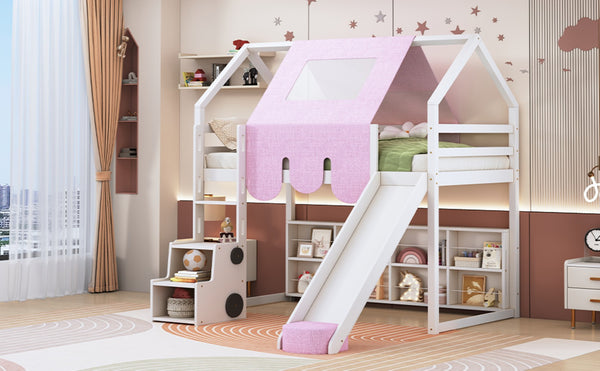 English Elm Twin House Loft Bed with Tent Canopy Slide and Shelves Pinewood Kids Frame White LT000682AAK-1