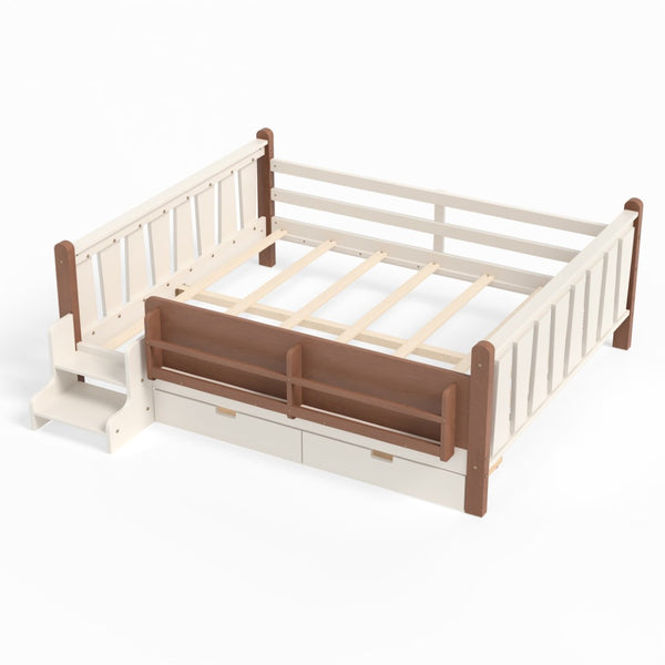 English Elm Queen Bunk Bed with Trundle Solid Pine Kids Car Themed Frame Built-in Bookshelf Beige W1580S00542