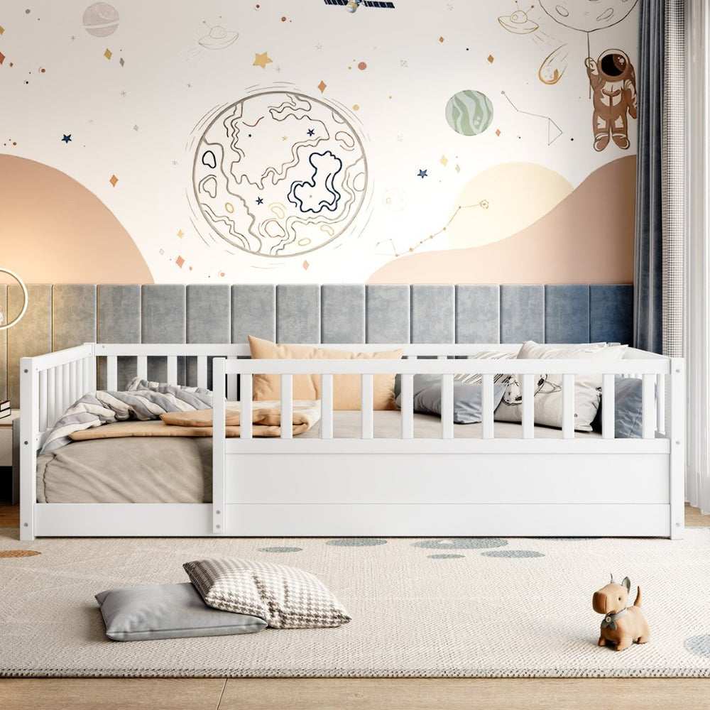 English Elm Twin Montessori Floor Bed Solid Pine Frame with Safety Fence Door for Kids Play Space White W1858P382398