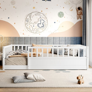 English Elm Twin Montessori Floor Bed Solid Pine Frame with Safety Fence Door for Kids Play Space White W1858P382398