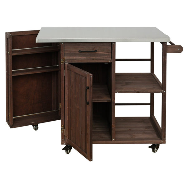 English Elm Foldable Outdoor Kitchen Cart with Stainless Worktop Fir Wood Frame and Lockable Wheels Dark Brown N719P380278S