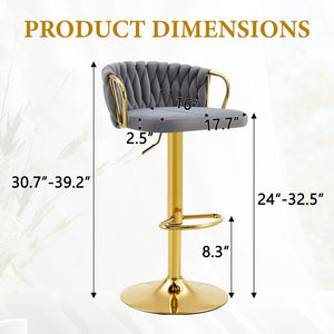 English Elm Set of 2 Velvet Swivel Barstools with Braided Rope Back and Adjustable Pedestal Base Gold,Gray W3875P383914