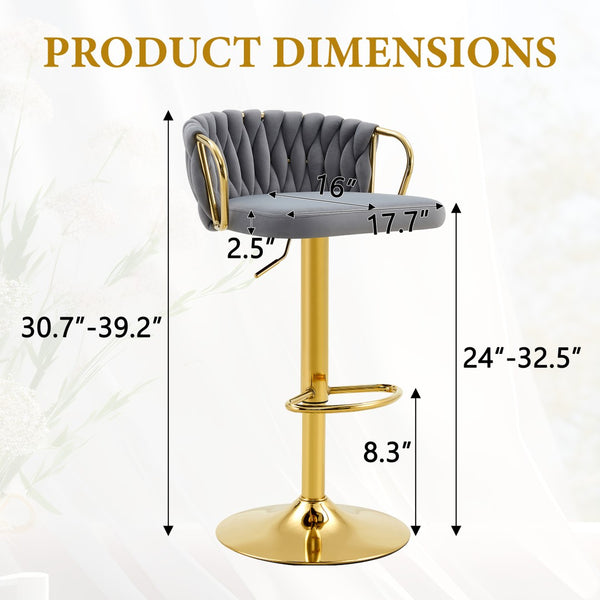 English Elm Set of 2 Velvet Swivel Barstools with Braided Rope Back and Adjustable Pedestal Base Gold,Gray W3875P383914