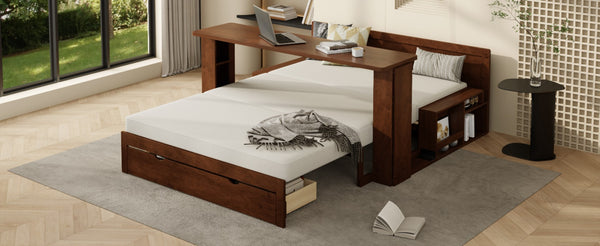English Elm Full Size Daybed with Hydraulic Desk Armrests Storage Drawer and Sofa Seating Espresso LT000271AAP