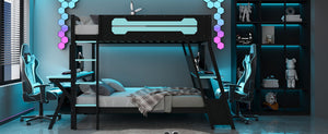 English Elm Full Size Gaming Bunk Bed with Dual Desks Usb Charging Ports and Pegboard Storage Blue LT000274AAC
