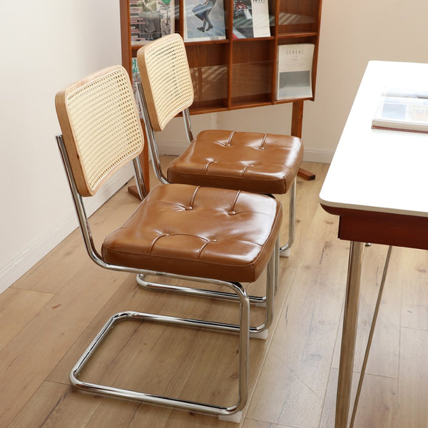 English Elm Dining Chairs Set of 4 Velvet Seat Woven Rattan Back Chrome Cantilever Frame Brown W2105S00006