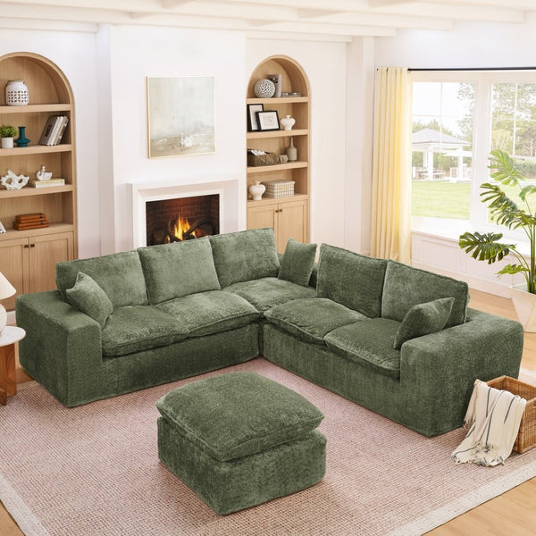 English Elm 107'' Boucle Modular Sectional Sofa Deep Cloud Cushions Reversible Chaise Living Room Green W1413S00167