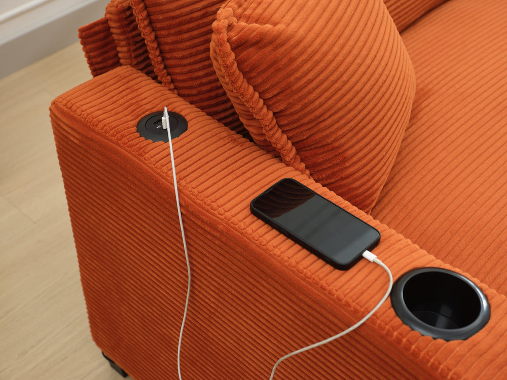 English Elm L Shape Sofa Couch With Usb Port & Cup Holder – Stylish Corduroy 2-Seater In Vibrant Orange & Footstool W2100S00136