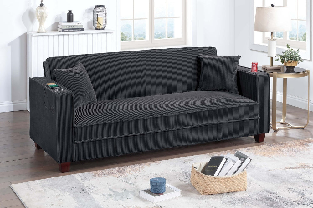 English Elm 1pc Corduroy Convertible Sofa with Storage Base Usb Port Cup Holders Wood Legs Black B011P430418
