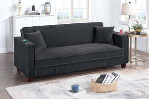 English Elm 1pc Corduroy Convertible Sofa with Storage Base Usb Port Cup Holders Wood Legs Black B011P430418