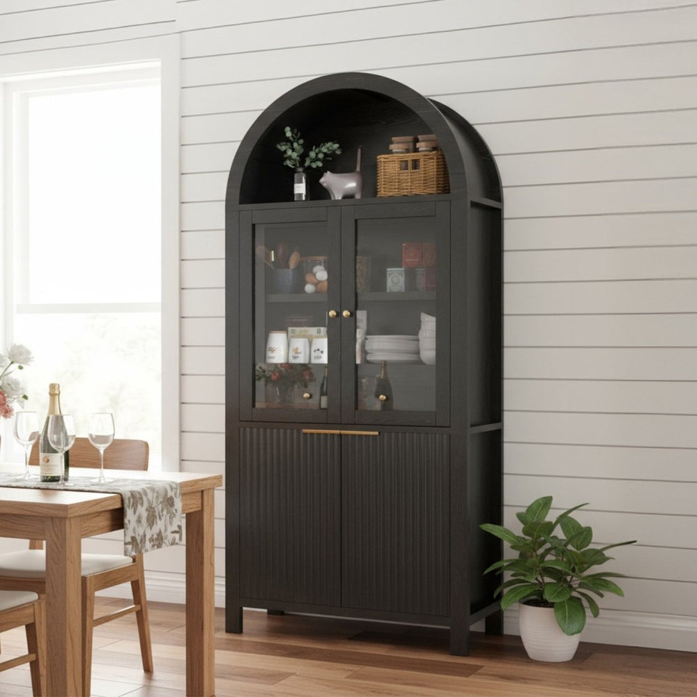 English Elm 71" Arched Glass Barn Door Pantry Cabinet Farmhouse Mdf Storage for Kitchen Dining Black W2917S00014