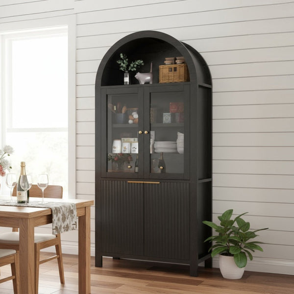 English Elm 71" Arched Glass Barn Door Pantry Cabinet Farmhouse Mdf Storage for Kitchen Dining Black W2917S00014