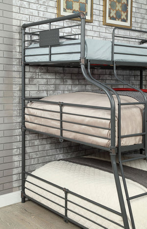 English Elm Twin Over Full Over Queen Industrial Bunk Bed - Metal Frame, Antique Black Finish & Curved Ladder B2741S00350-GIGA