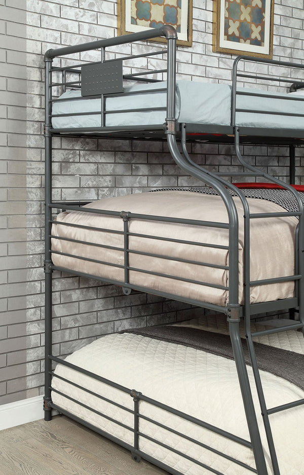 English Elm Twin Over Full Over Queen Industrial Bunk Bed - Metal Frame, Antique Black Finish & Curved Ladder B2741S00350-GIGA