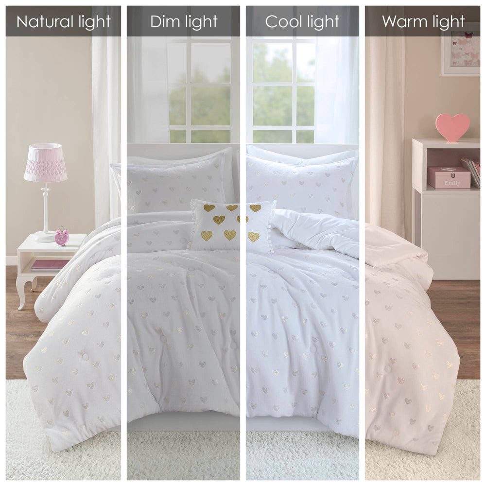 English Elm 3 Pcs Twin/Twin Xl Metallic Printed Plush Comforter Set - Chic White/Gold With Decorative Pillow B035P319889