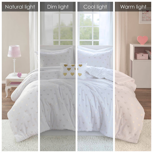 English Elm 3 Pcs Twin/Twin Xl Metallic Printed Plush Comforter Set - Chic White/Gold With Decorative Pillow B035P319889