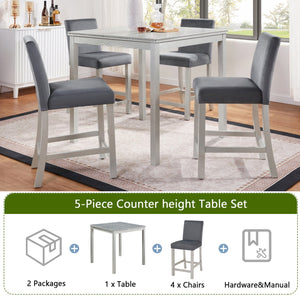 English Elm 5 Piece Counter Height Table Set - Stylish Square Dining Table With 4 Upholstered Chairs, Silver Grey W1998S00070