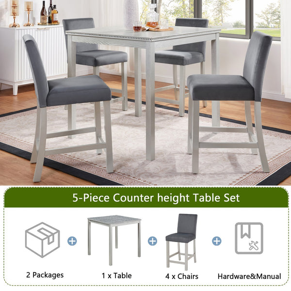 English Elm 5 Piece Counter Height Table Set - Stylish Square Dining Table With 4 Upholstered Chairs, Silver Grey W1998S00070