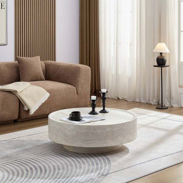 English Elm Round Fiberglass Coffee Table Sculptural Minimalist Design for Modern Living Rooms W2085P374193