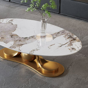 English Elm Gold Pedestal Coffee Table with Sintered Stone Marble Top for Modern Living Rooms W3985S00019