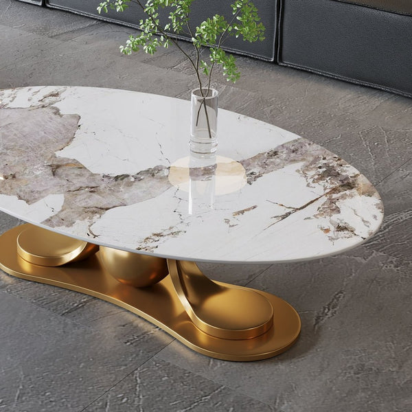 English Elm Gold Pedestal Coffee Table with Sintered Stone Marble Top for Modern Living Rooms W3985S00019