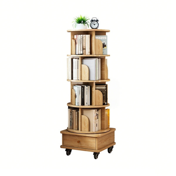English Elm 5 Tier Rotating Bookshelf Tower with Curved Edges, 360° Smooth Spin, Stable Double-Layer Base, Space-Saving Storage Oak W3204P293695