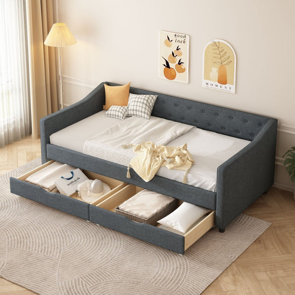 English Elm Twin Size Daybed With Storage Drawers, Elegant Upholstered Tufted Sofa Bed In Dark Grey Color W2336S00038-GIGA