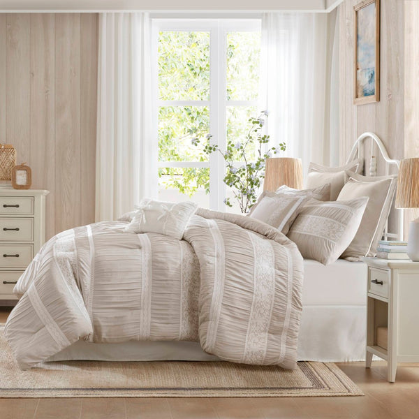 English Elm 7-piece King Jacquard Comforter Set Lace Detail Chambray Cottage Bedroom Ensemble Neutral B035P482889