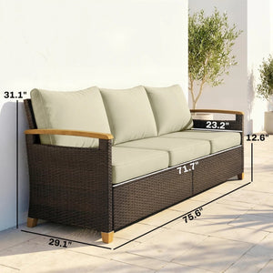 English Elm Wicker Outdoor Three Seat Sofa with Deep Cushions and Weather Resistant Pe Frame T3971P480796