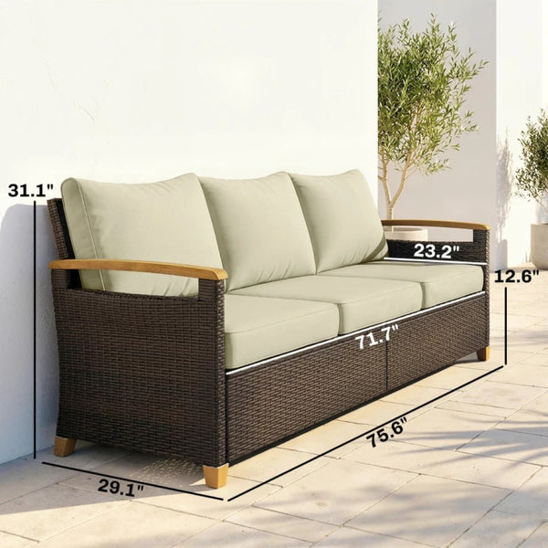 English Elm Wicker Outdoor Three Seat Sofa with Deep Cushions and Weather Resistant Pe Frame T3971P480796
