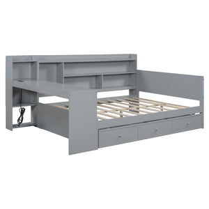 English Elm Full Size Wooden Daybed With 3 Storage Drawers, Built-In Desk & Usb Ports – Gray, Space-Saving Design N820S00018E