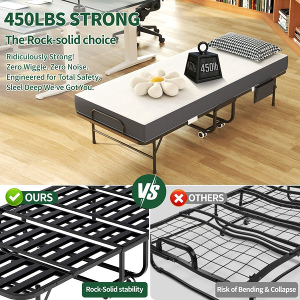 English Elm 75 Inch Rollaway Twin Bed with Memory Foam Mattress Heavy Duty Steel Frame Foldable W2735P425465