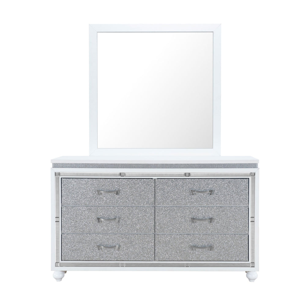 English Elm MALOISE White Dresser with 6 Crystal-Crush Drawer Fronts, Mirrored Accents & Solid Wood Glam Finish B201P226115