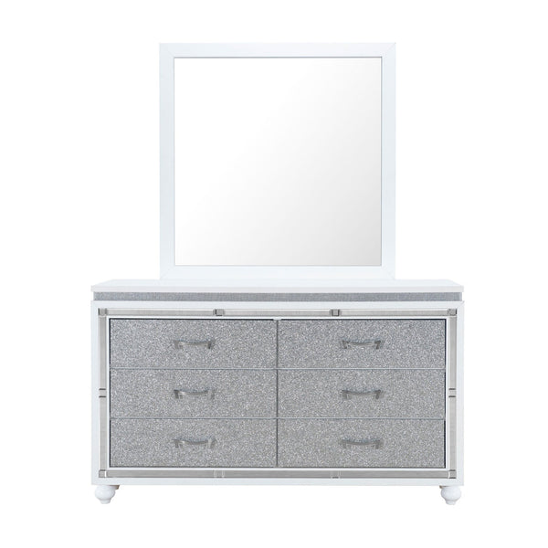 English Elm MALOISE White Dresser with 6 Crystal-Crush Drawer Fronts, Mirrored Accents & Solid Wood Glam Finish B201P226115