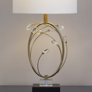 English Elm Table Lamp Set of 2 Black Metal Crystal Accents Gold Finish Linen Shade Bedroom B202P471578