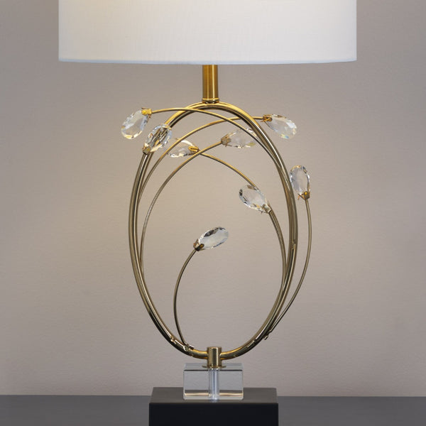 English Elm Table Lamp Set of 2 Black Metal Crystal Accents Gold Finish Linen Shade Bedroom B202P471578