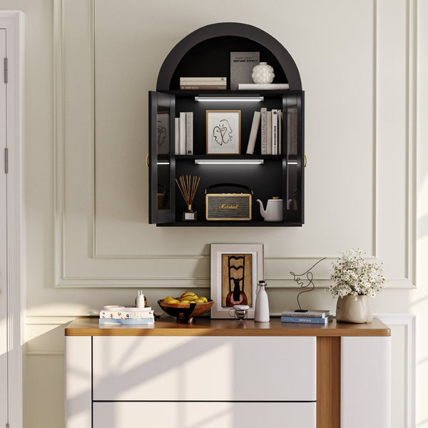 English Elm Wall Mounted Arched Cabinet Tempered Glass Doors Led Lighting Adjustable Shelves Bathroom Black T3210P471555