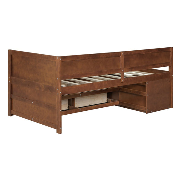 English Elm Twin Daybed with Two Pull Out Drawers and Open Shelves for Small Bedroom Storage Walnut LP102022AAD