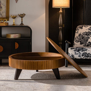English Elm 39.37" Round Retro Coffee Table Solid Wood Legs Lower Shelf Natural Living Room W757P370275