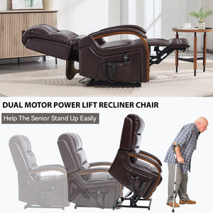 English Elm Power Lift Recliner with Dual Motor Heat Massage Wood Armrests Brown Leatheraire W1803S00080