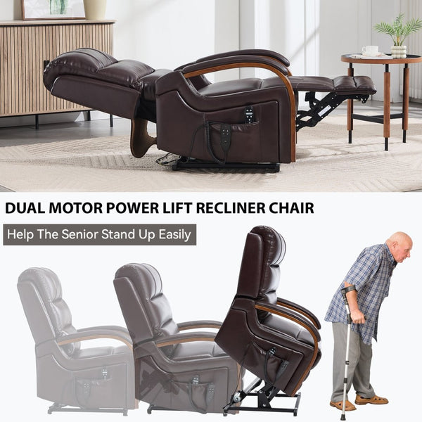 English Elm Power Lift Recliner with Dual Motor Heat Massage Wood Armrests Brown Leatheraire W1803S00080