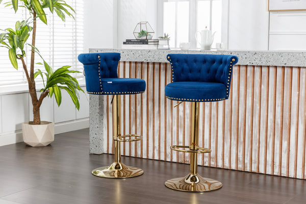 English Elm UNITED Velvet 360° Rotating Bar Chair with Diamond Stitching, Gold Frame, Plush Foam Seat, Adjustable Height Navy W1568P361717